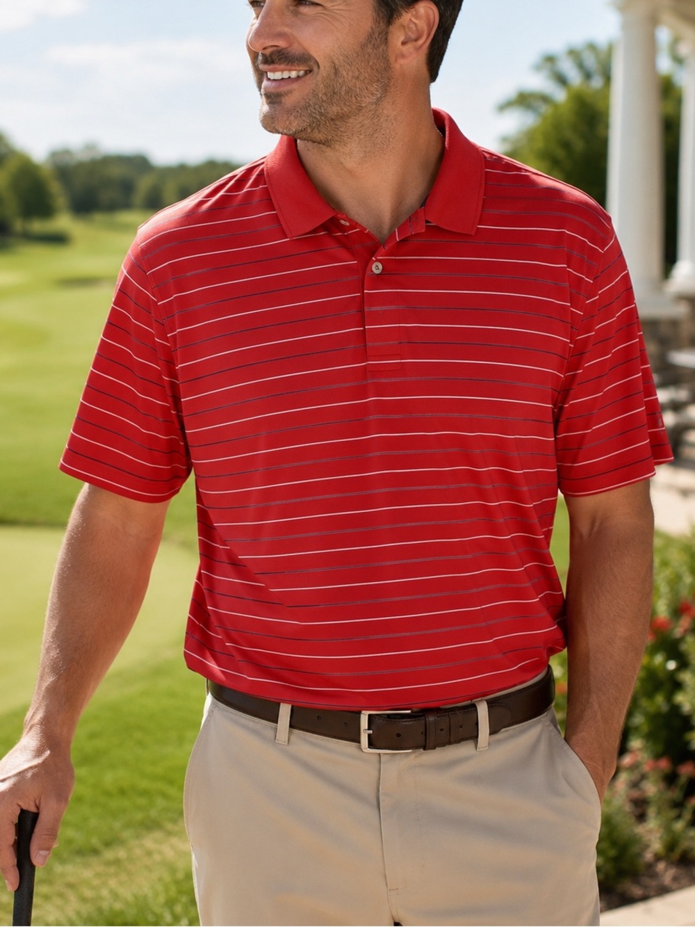 Izod Golf Red Striped Performance Polo Shirt Men’s XXL Short Sleeve Casual